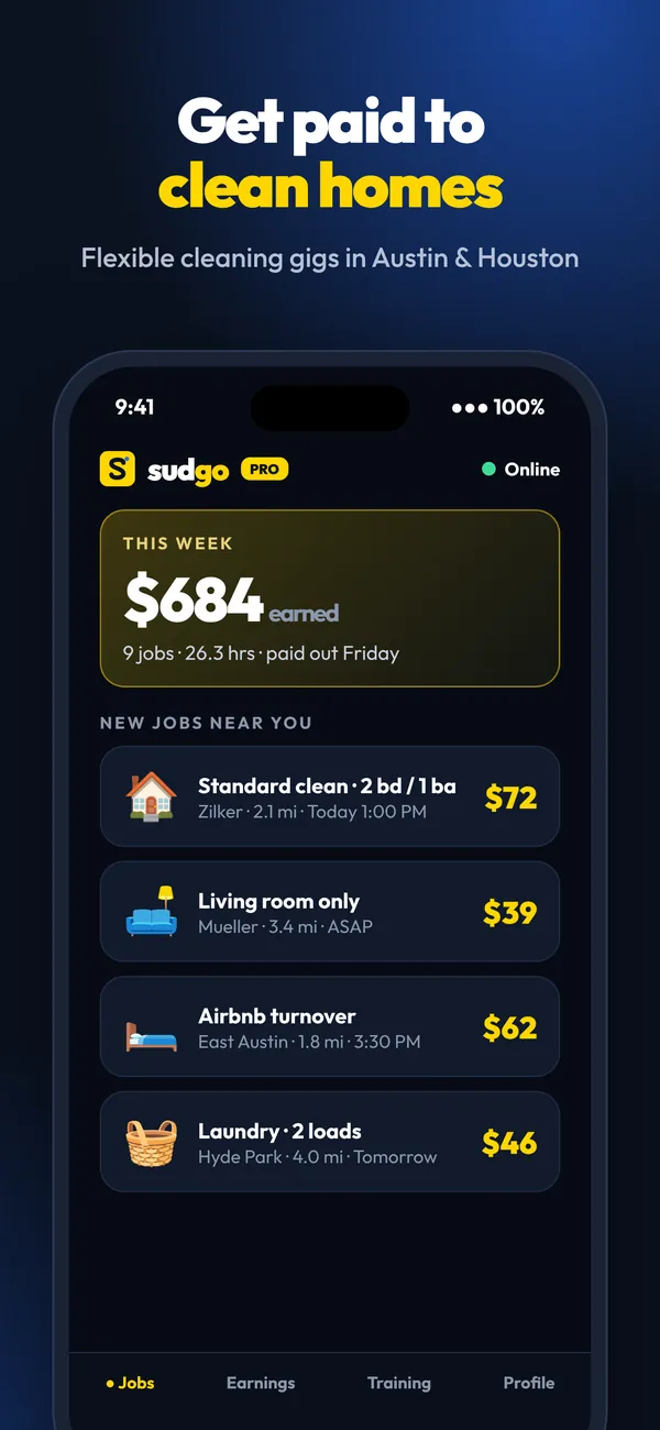 Sudgo Pro job feed showing weekly earnings and nearby cleaning jobs with the payout for each