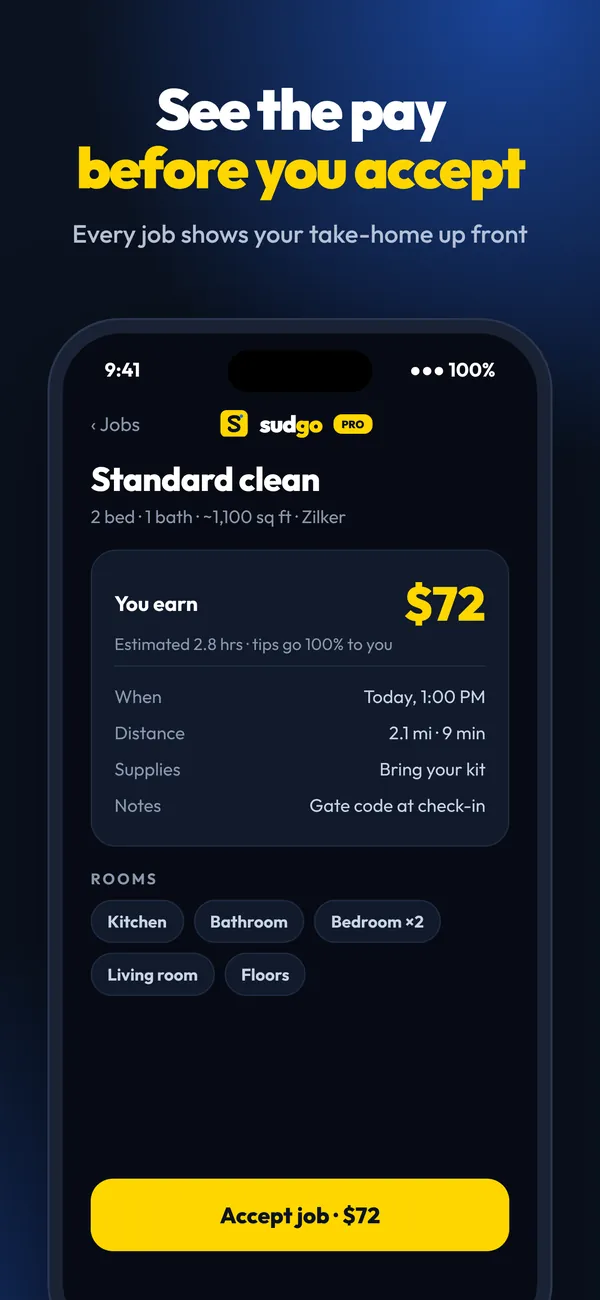 Sudgo Pro job offer showing the cleaner's payout, time, distance and rooms before accepting