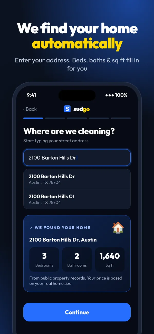 Sudgo finds your home from your address and fills in bedrooms, bathrooms and square feet