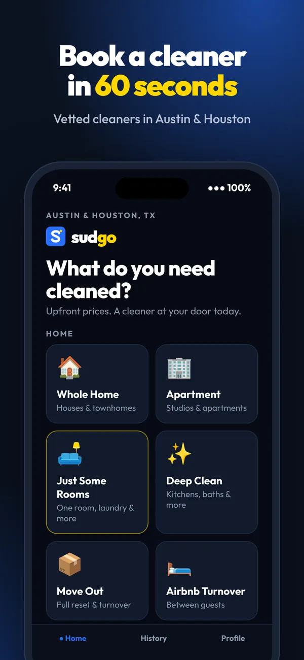 Sudgo app home screen: choose whole home, apartment, just some rooms, deep clean, move out or a short-term rental turnover