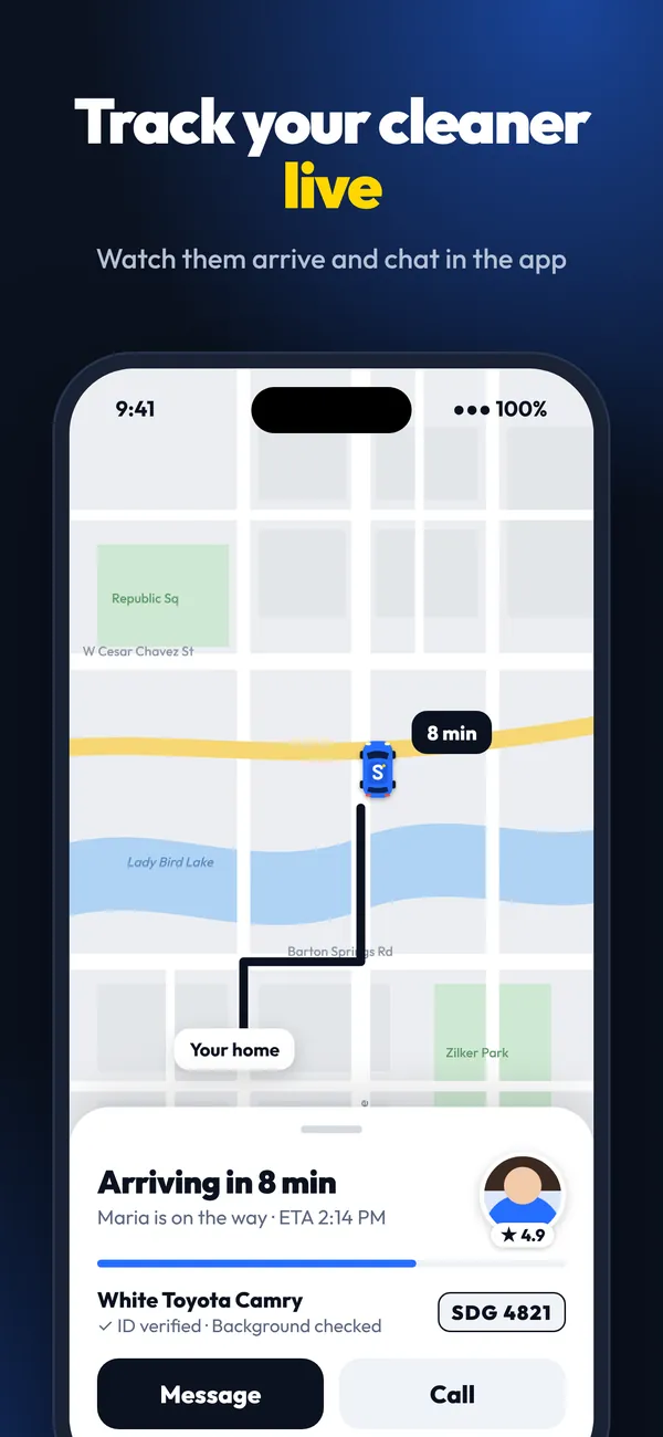 Live map tracking your Sudgo cleaner with their photo, rating, car, car photo and license plate