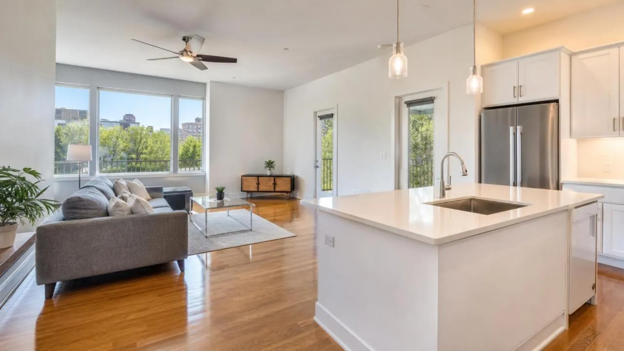 The same living room and kitchen, spotless after a Sudgo clean