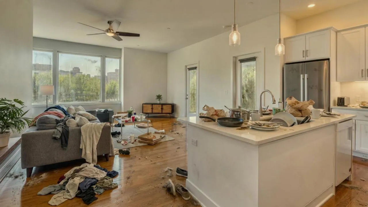 A messy living room and kitchen before cleaning